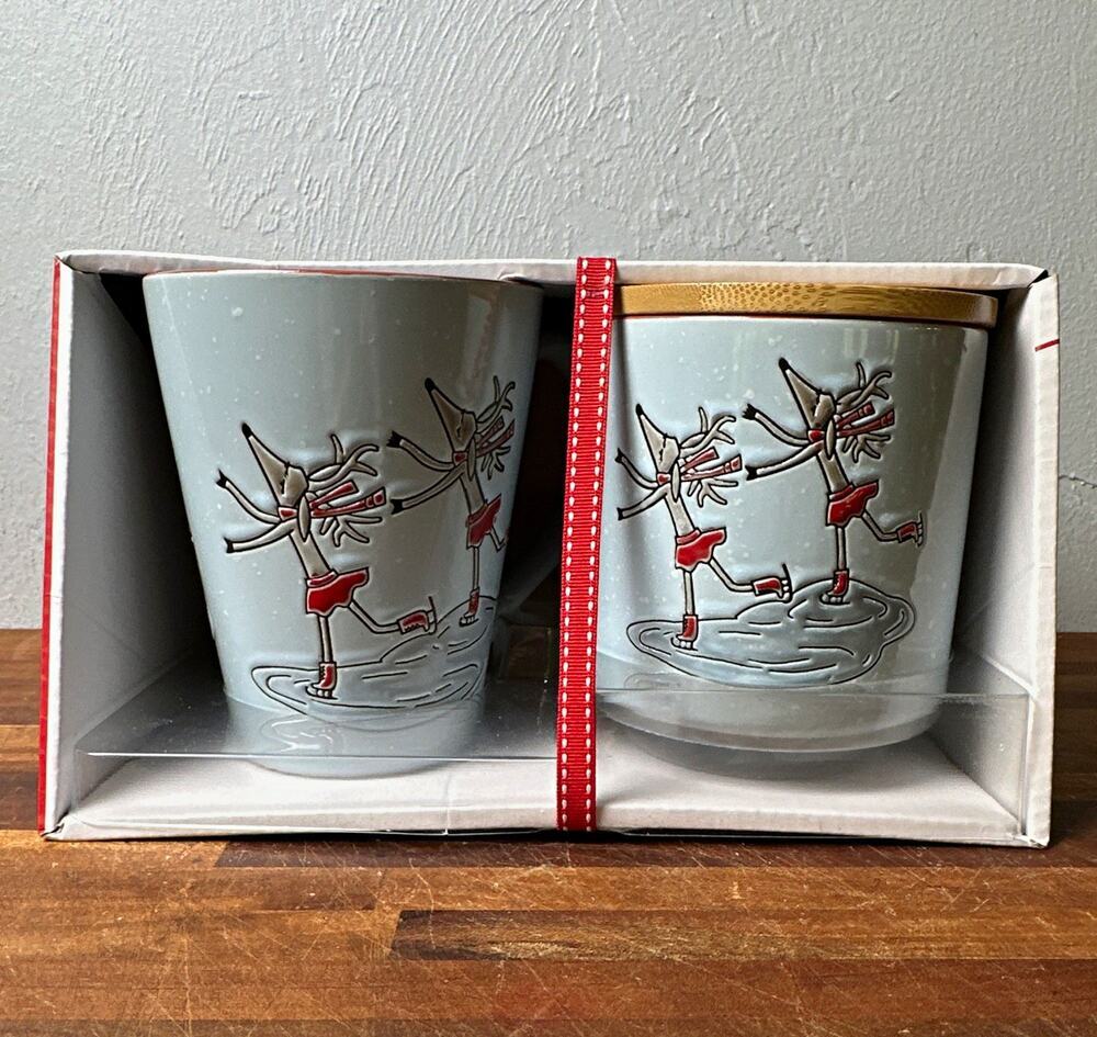 Oh, What Fun Reindeer Christmas Mug & Canister Set 2pc Ceramic Bamboo Lid
